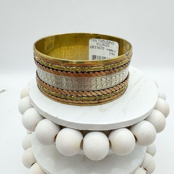 Artisan Chunky Wide Gold Silver Brass Textured Stripes Leaf Bangle Bracelet - Picture 2 of 16